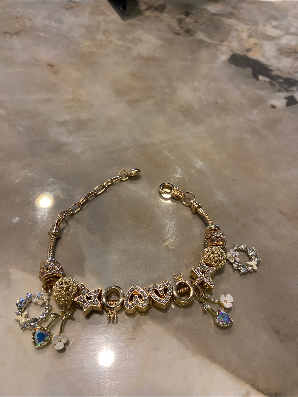 Gold Charm Bracelet with Heart, Star & Crystal Accents - Women's Jewelry